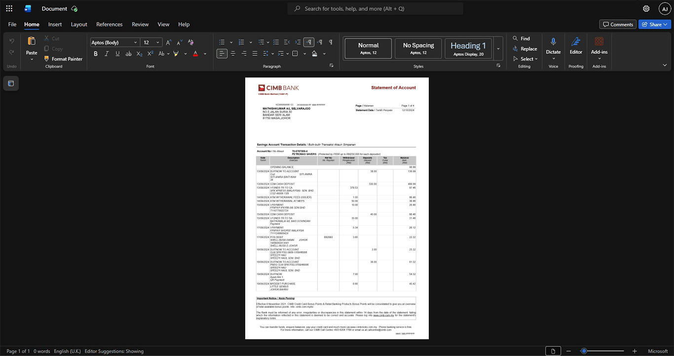 Malaysia CIMB Bank Berhad Bank Statement Template, Clean typography design in Word and PDF format