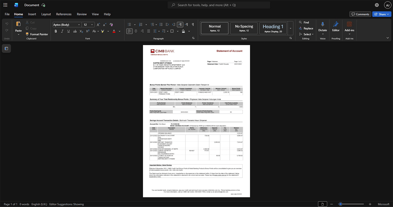 Malaysia CIMB Bank CIMB Bank Statement Template, Digital download file preview