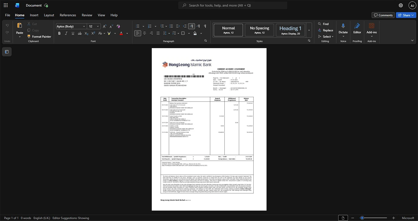 Malaysia Hong Leong Bank Bank Statement Template, Standard printable layout in Word and PDF