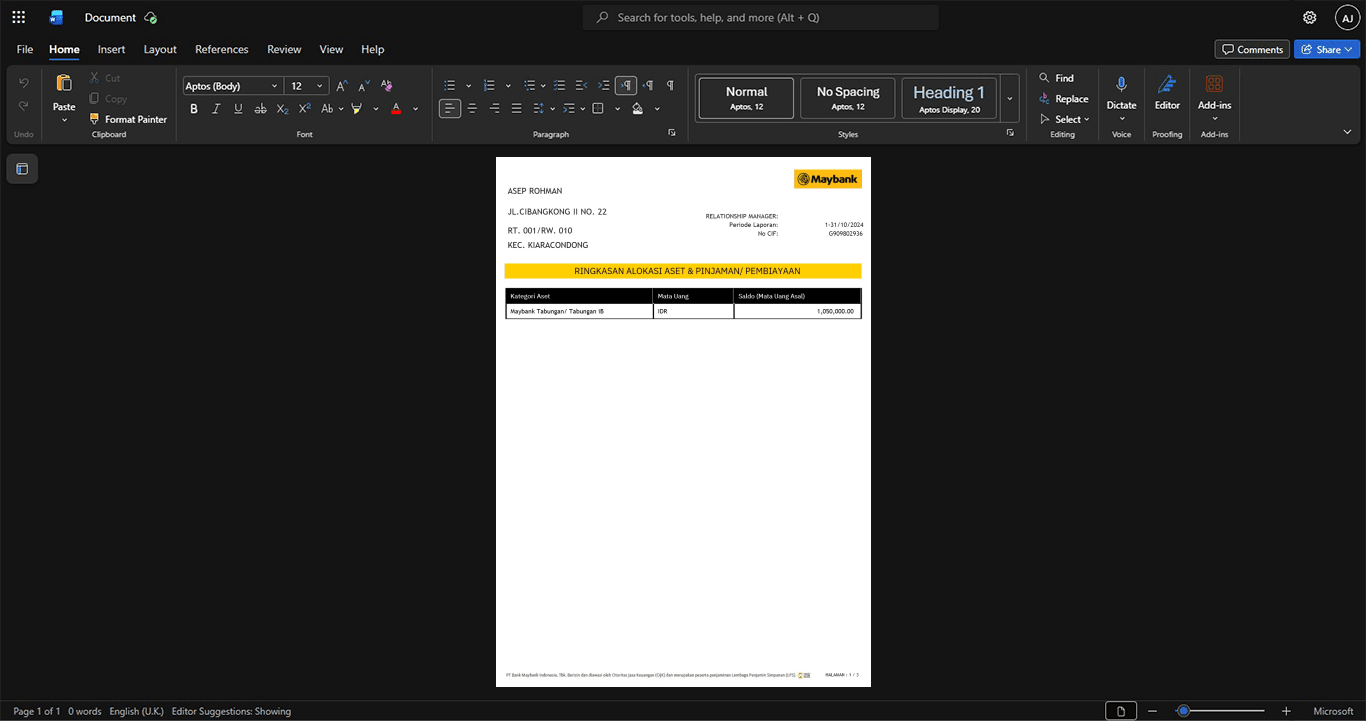 Malaysia Malayan Banking Berhad Maybank Bank Statement Template, Print-ready template in Word and PDF