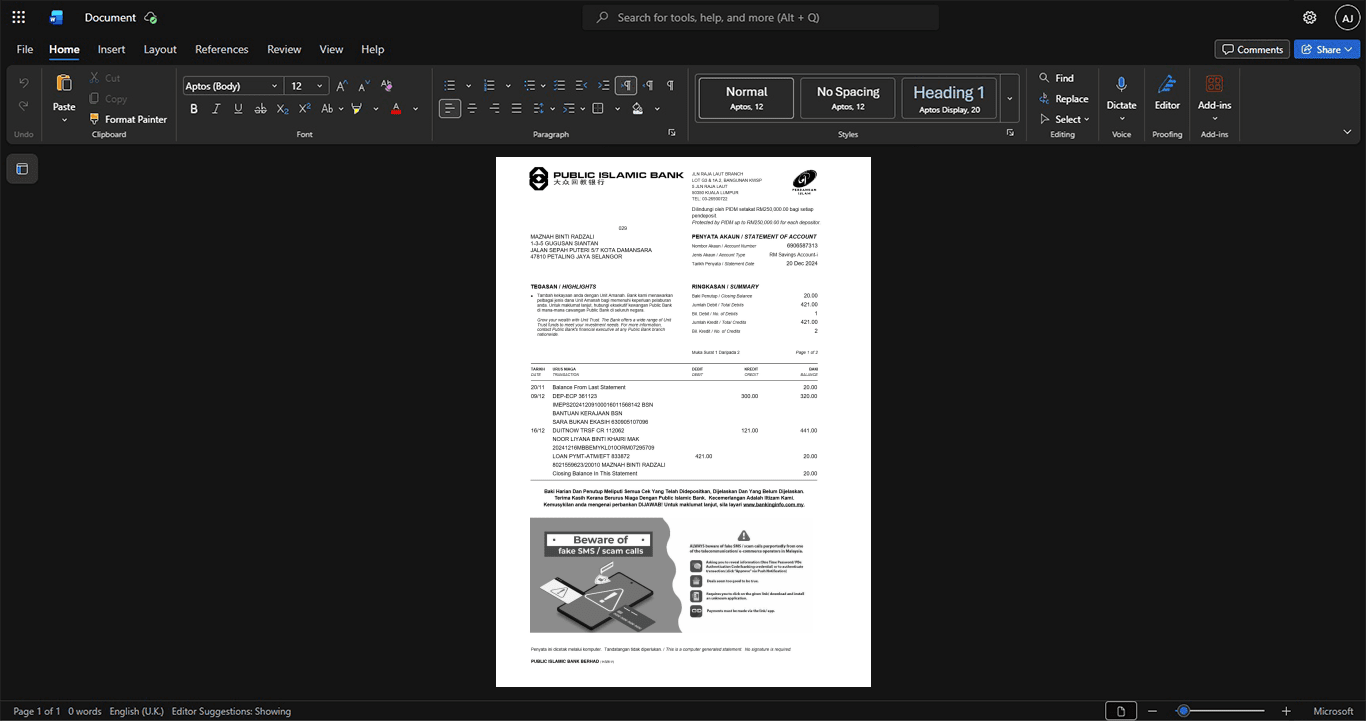 Malaysia Public Islamic Bank Bank Statement Template, Ready to print in Word and PDF format