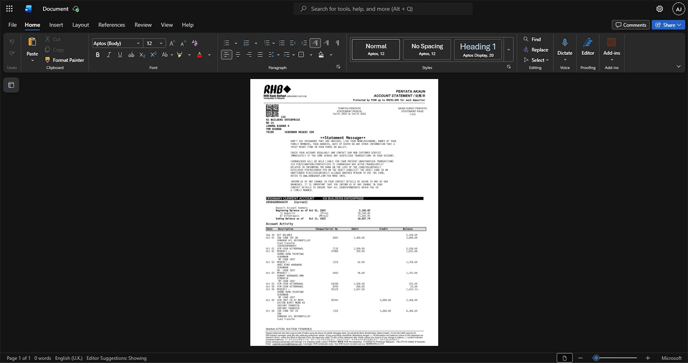 Malaysia RHB Bank Berhad Bank Statement Template, Print-ready in PDF layout
