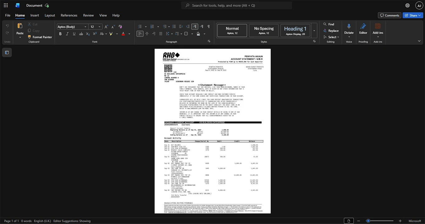 Malaysia RHB Bank Business Account Statement Template, Corporate style document in Word and PDF formats