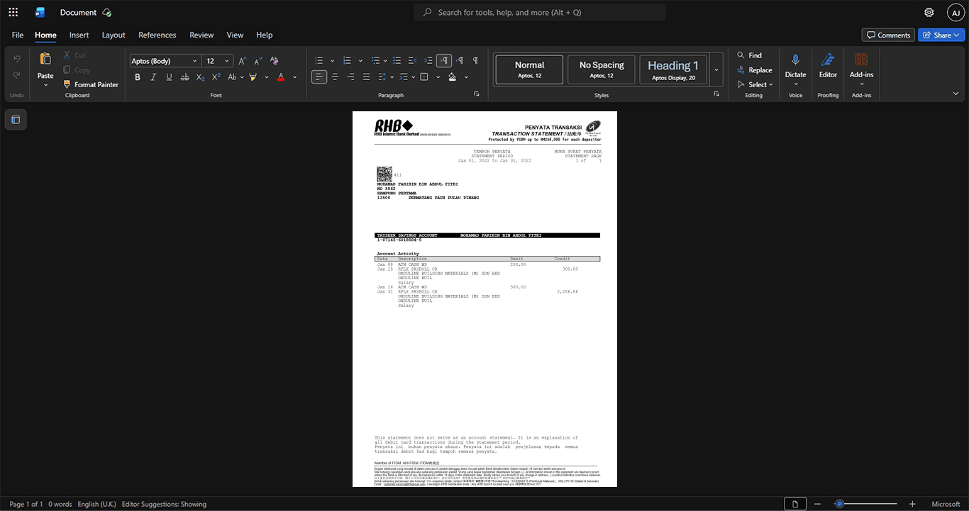 Malaysia RHB Bank Generic Financial Statement Template, Blank template in Word and PDF format