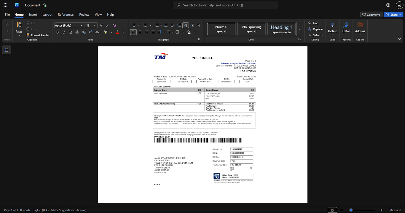 Malaysia Telekom Malaysia Generic Utility Bill Template, Digital download file preview