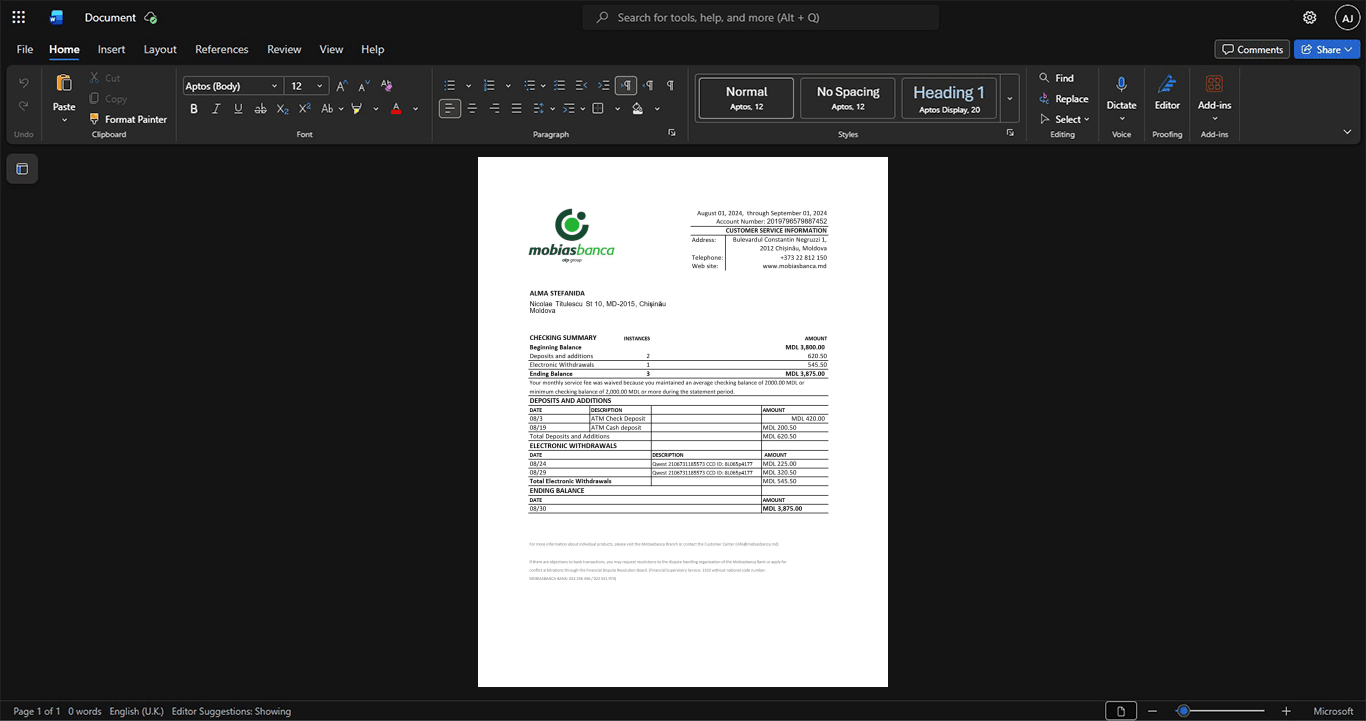 Moldova Mobiasbanca Bank Statement Template, Clean typography design in Word and PDF format
