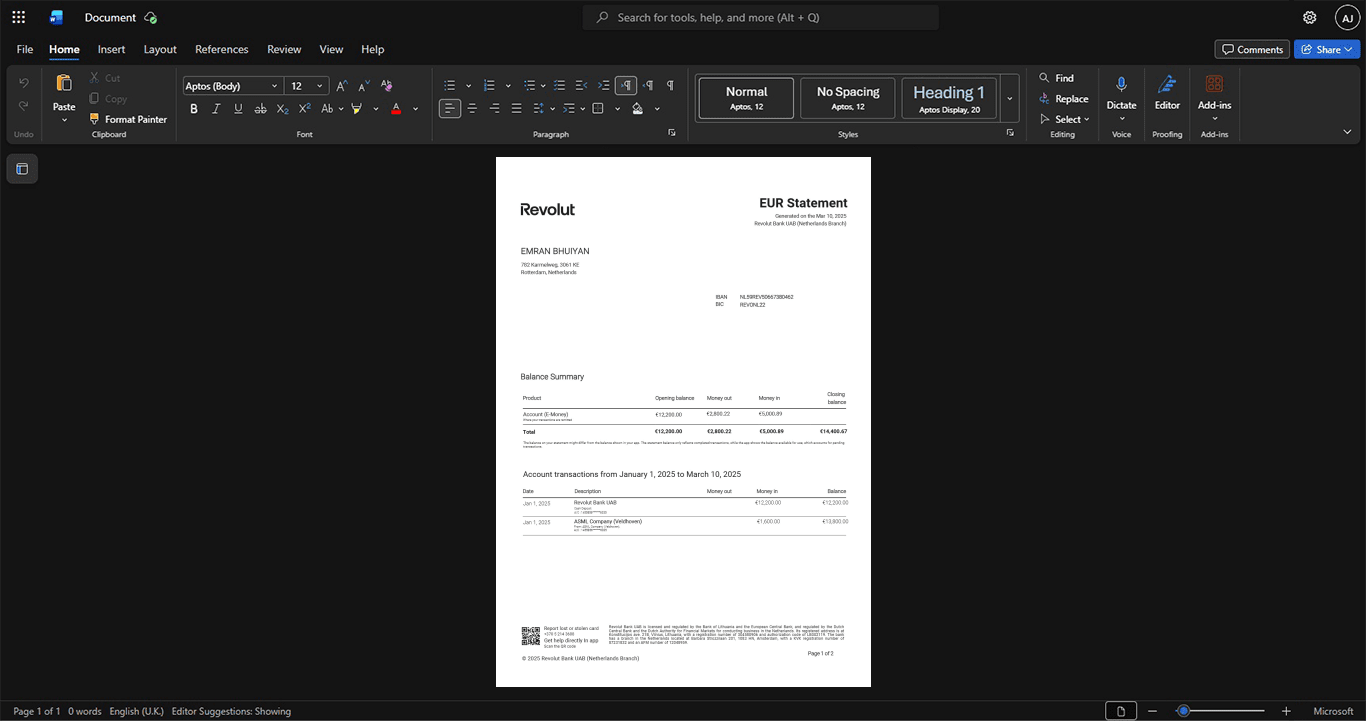 Netherlands Revolut Bank UAB Bank Statement Template, Customizable layout available in Word and PDF
