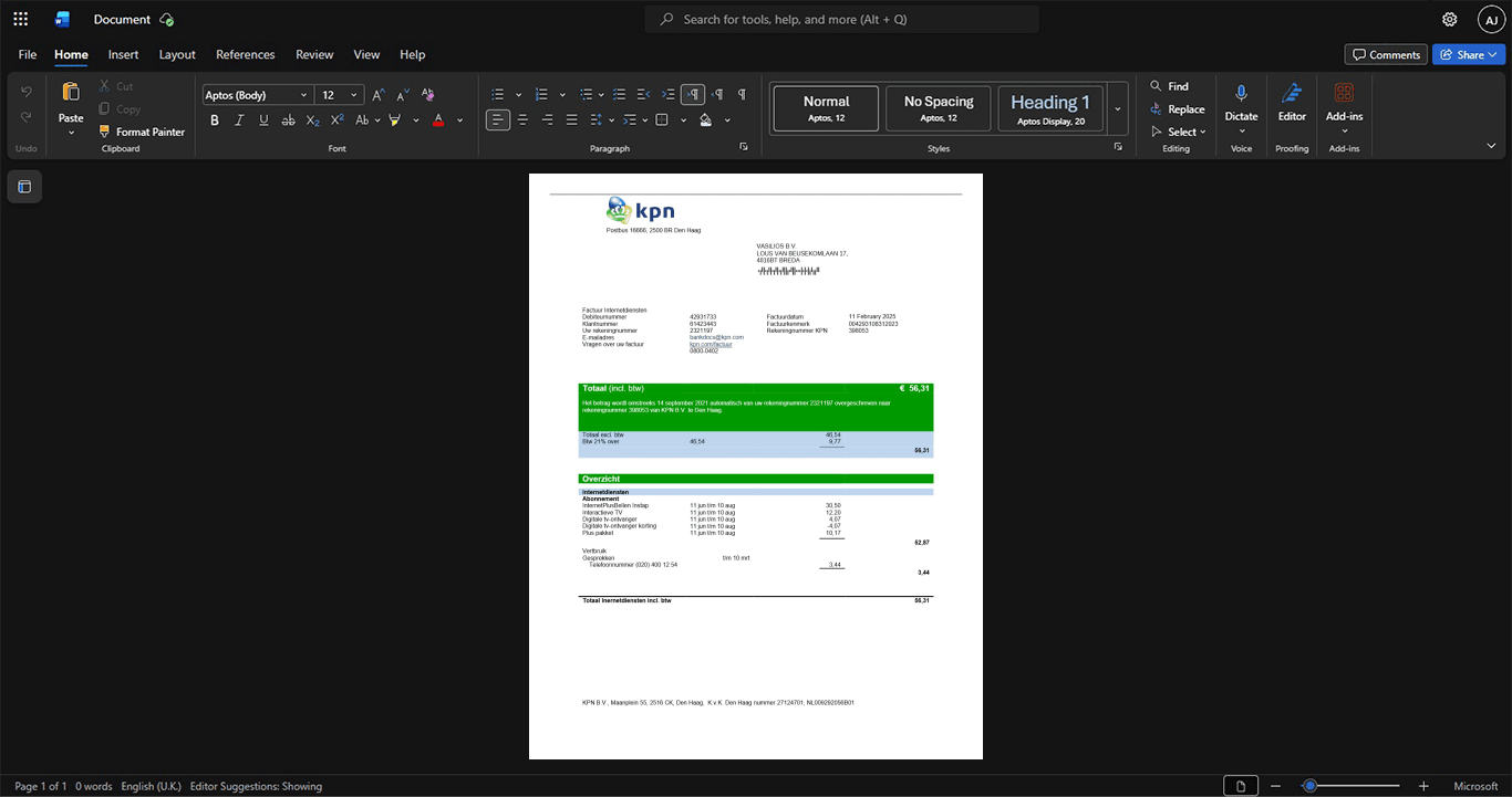 Netherlands Royal KPN KPN Generic Utility Bill Template, Clean typography design in Word and PDF format