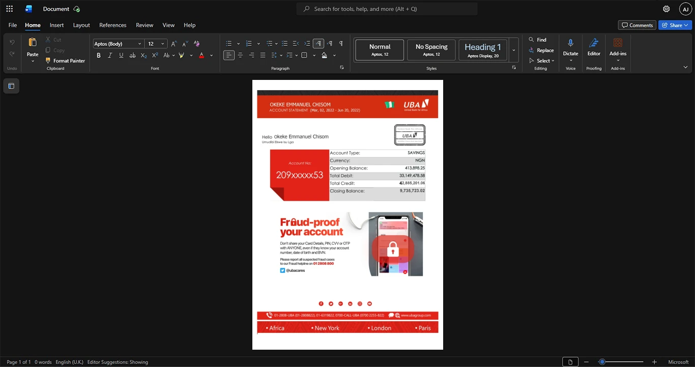 Nigeria Access Bank Bank Statement Template, Premium editable file in Word and PDF formats