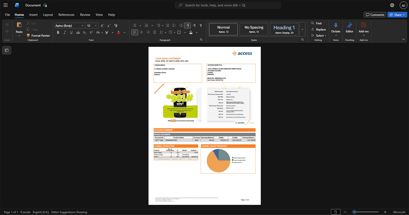 Nigeria Access Bank Bank Statement Template, Customizable document in Word and PDF format