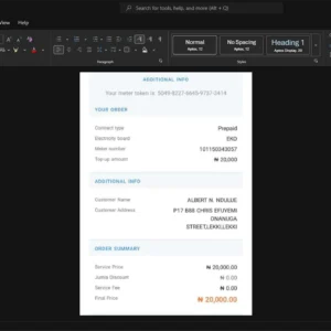 Nigeria Eko Electricity Distribution Company EKO Electricity Bill Template, Customizable document in Word and PDF format