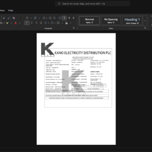 Nigeria Kano Electricity Distribution PLC KEDCO Electricity Bill Template, printable document in Word and PDF format