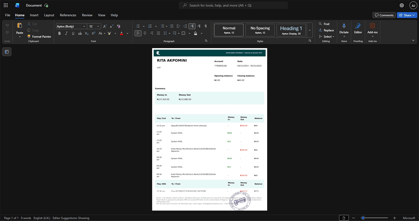 Nigeria Raven Bank Bank Statement Template, Corporate style document in Word and PDF formats