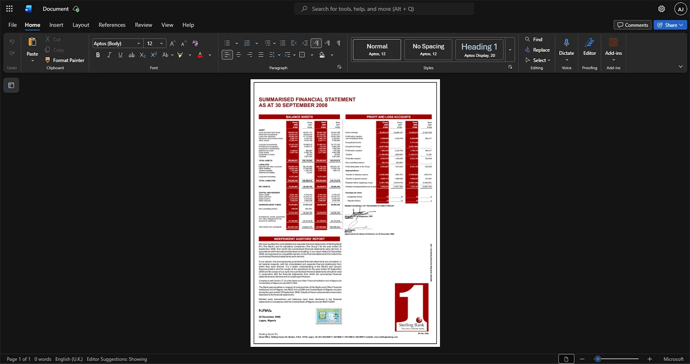 Nigeria Sterling Bank PLC Generic Financial Statement Template, Print-ready template in Word and PDF