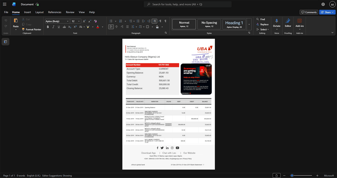 Nigeria United Bank for Africa Group UBA Corporate Bank Statement Template, Quick edit template in Word and PDF format