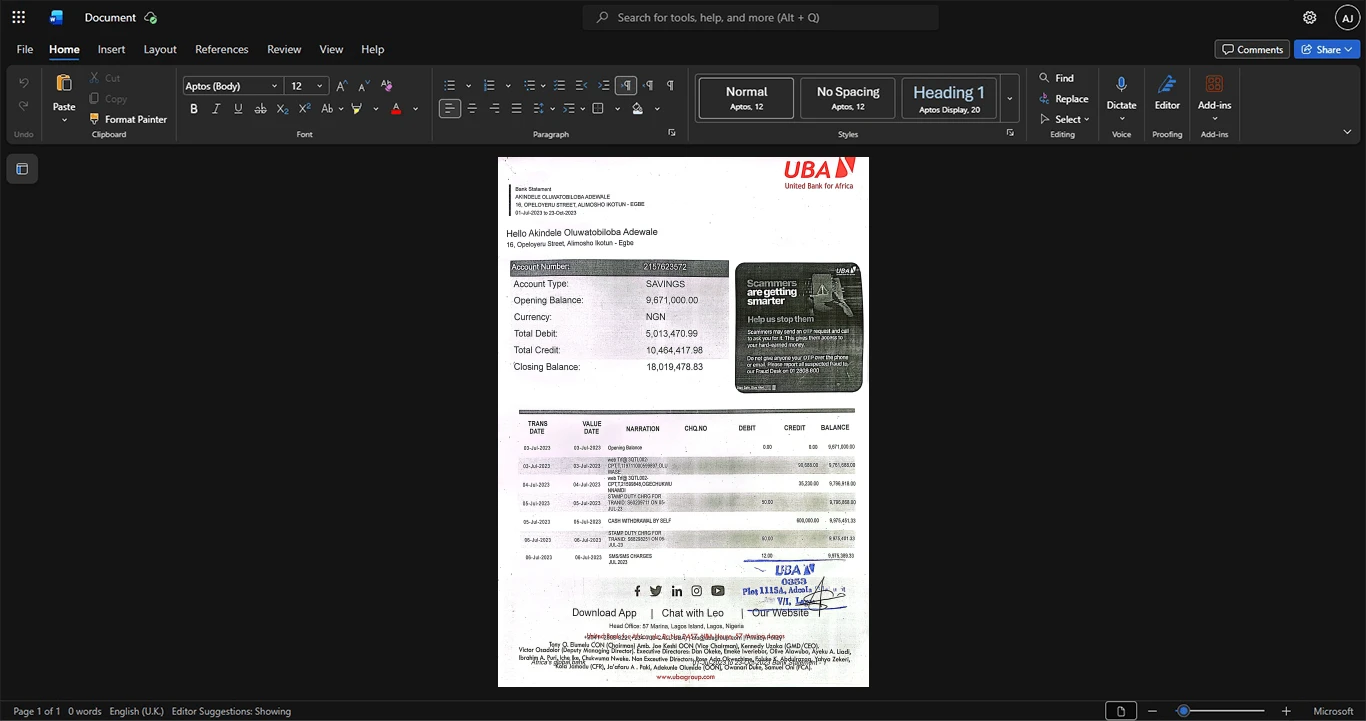 Nigeria United Bank for Africa UBA Bank Statement Template, Ready to print in Word and PDF format