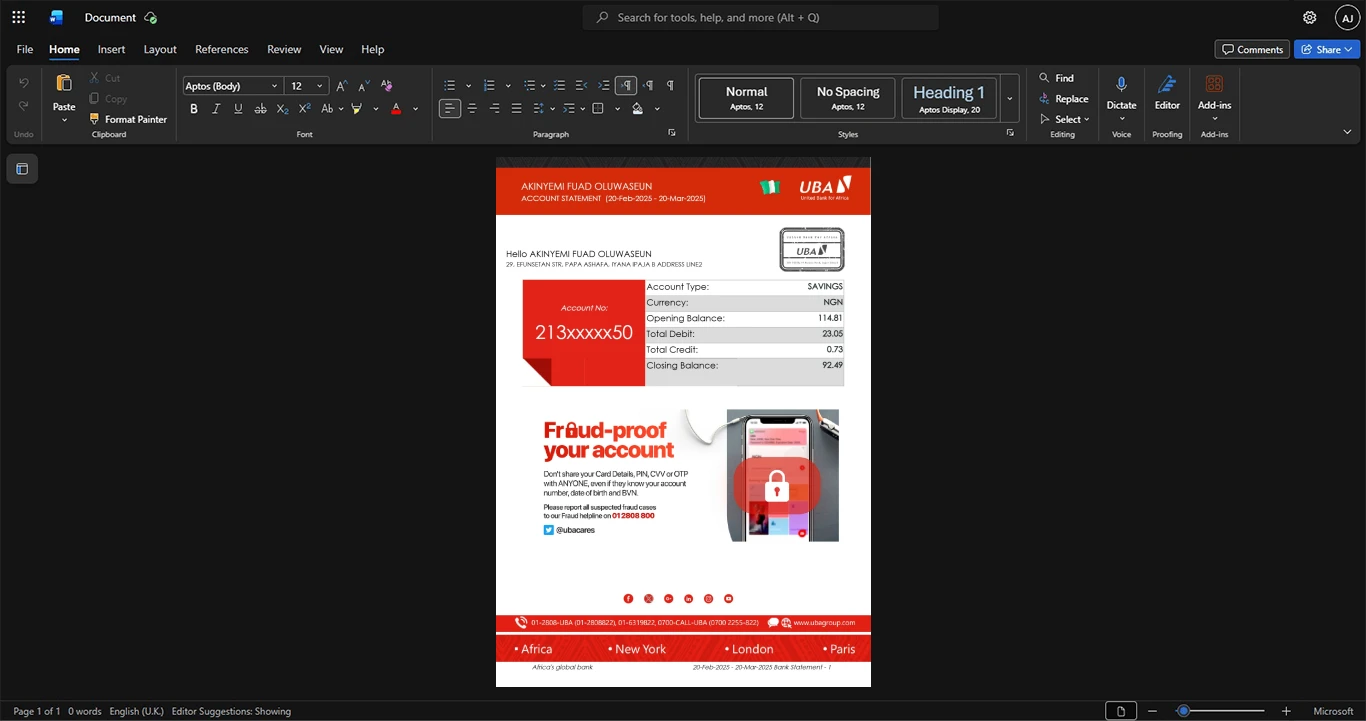 Nigeria United Bank for Africa UBA Bank Statement Template, Blank template in Word and PDF format