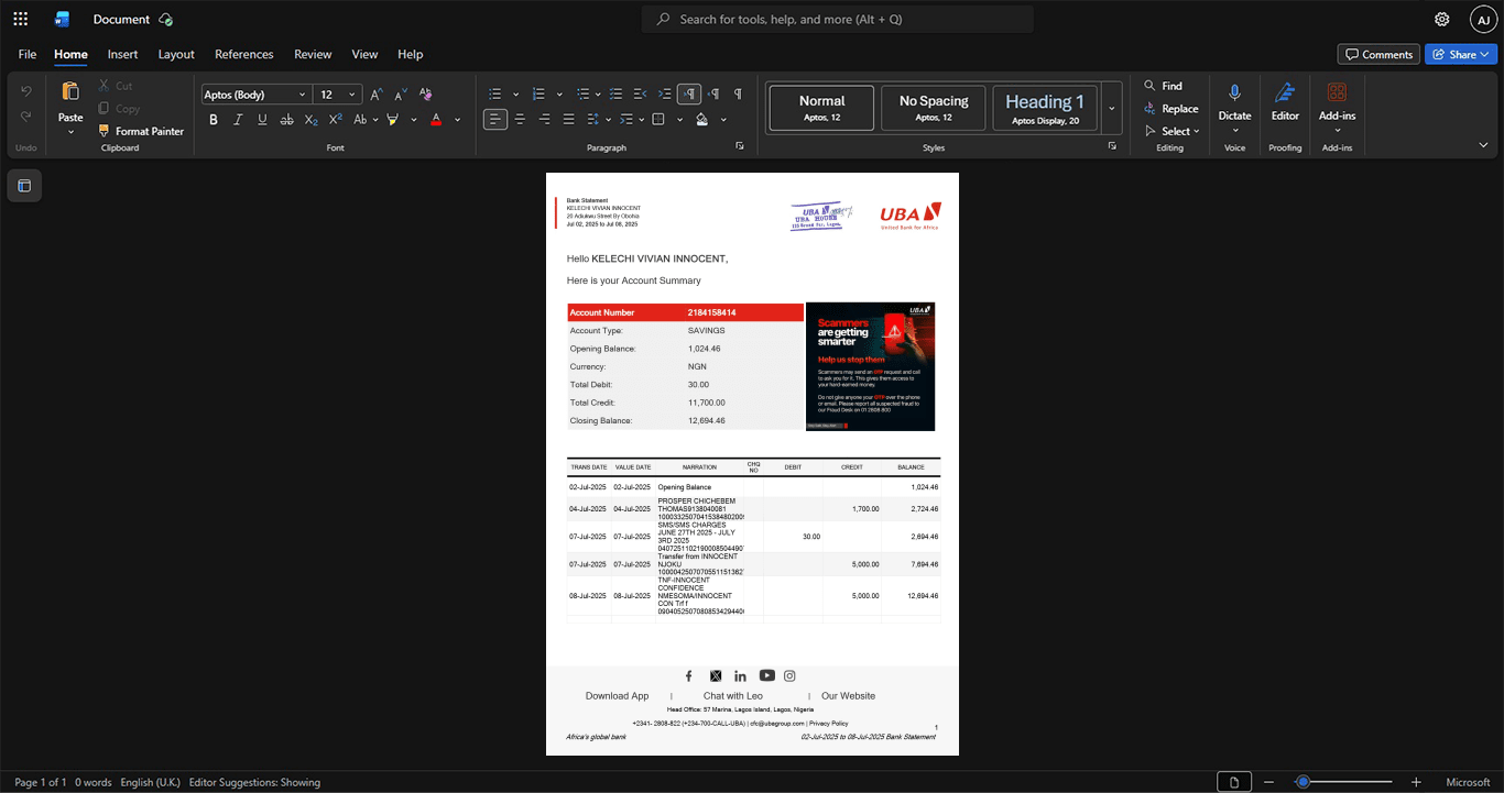 Nigeria United Bank for Africa UBA Bank Statement Template, High-quality design in Word and PDF format