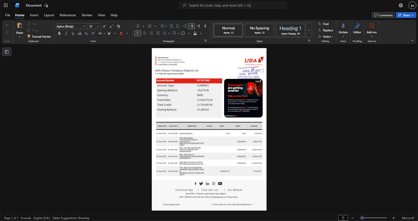 Nigeria United Bank for Africa UBA Corporate Bank Statement Template, Quick edit digital asset in Word and PDF