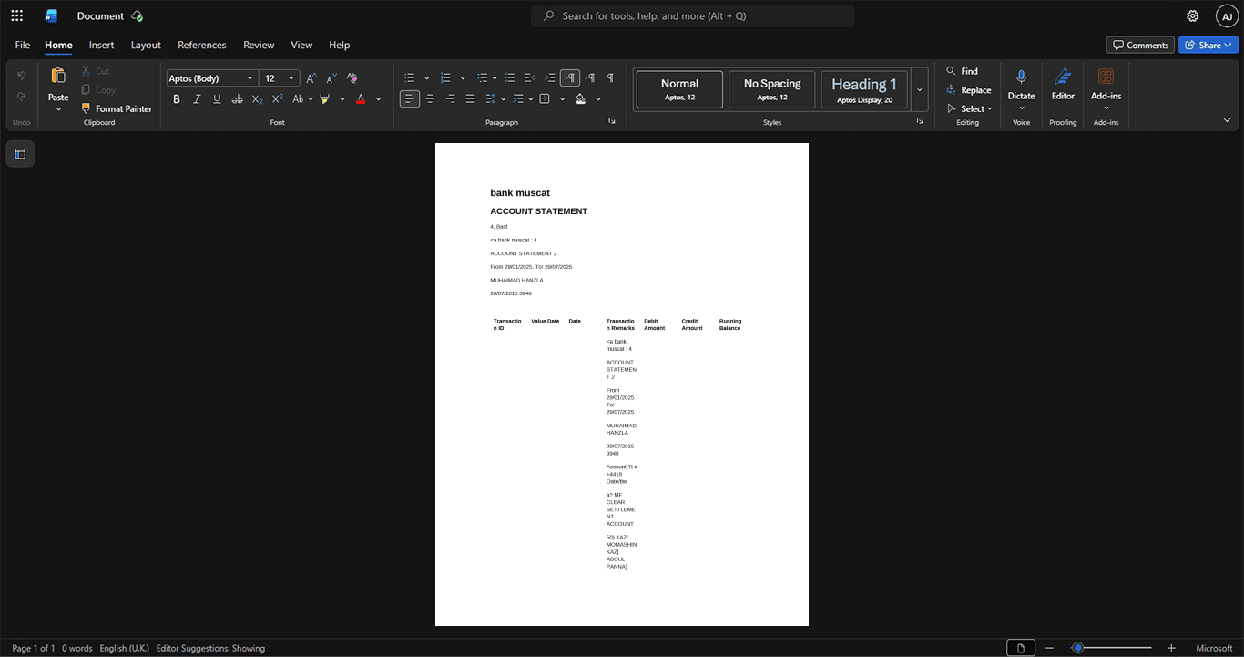 Oman Bank Muscat Bank Statement Template, Corporate style document in Word and PDF formats
