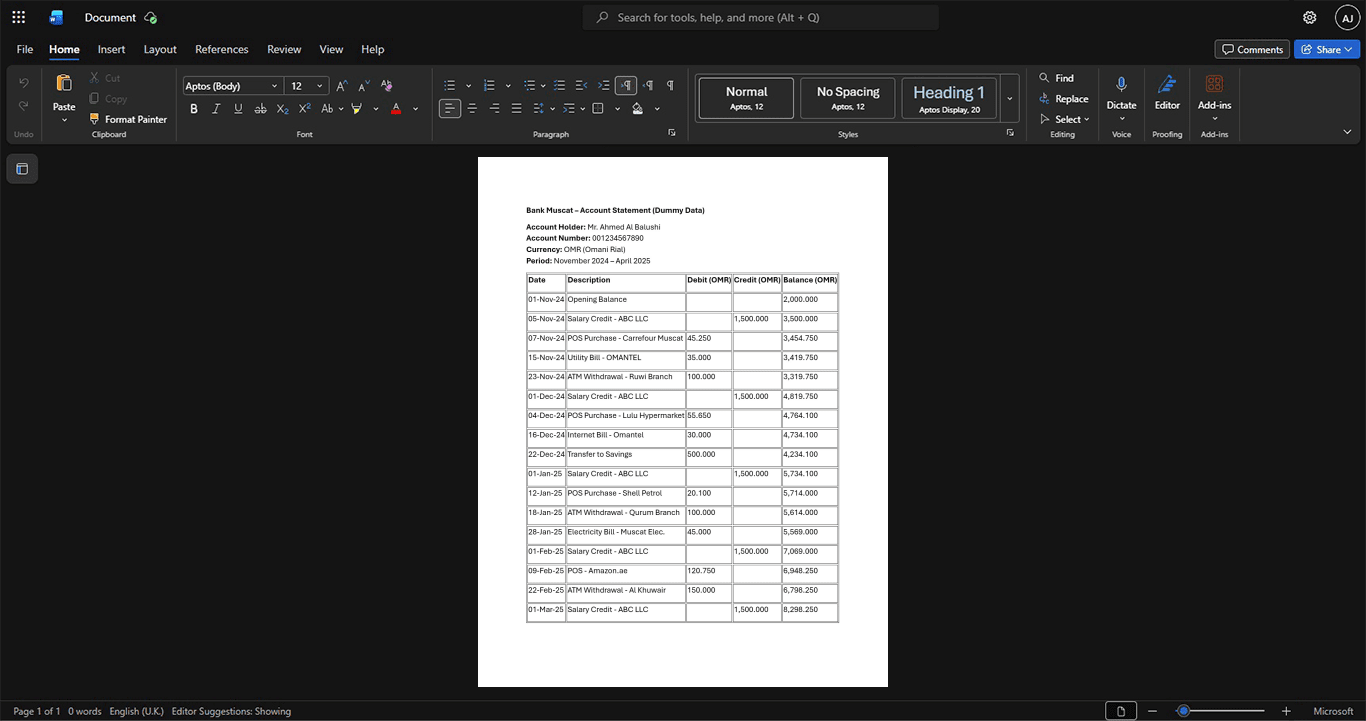 Oman Bank Muscat Bank Statement Template, Print-ready in PDF layout