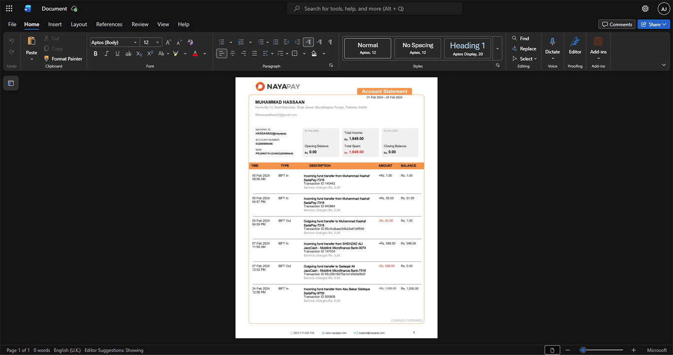 Pakistan Allied Bank Limited ABL Bank Statement Template, Blank template in Word and PDF format
