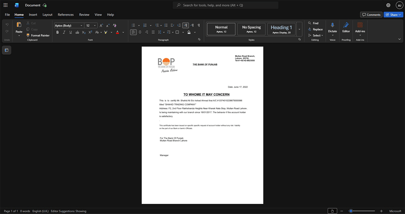 Pakistan Bank of Punjab BOP Bank Statement Template, Clean typography design in Word and PDF format