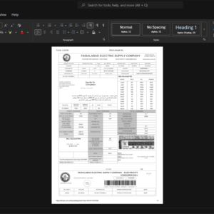 Pakistan Faisalabad Electric Supply Company FESCO Electricity Bill Template, Digital download file preview