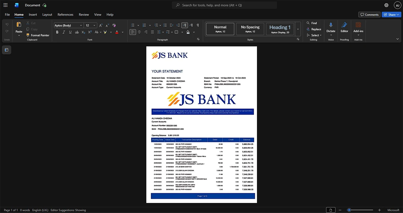 Pakistan JS Bank Limited Bank Statement Template, Quick edit template in Word and PDF format