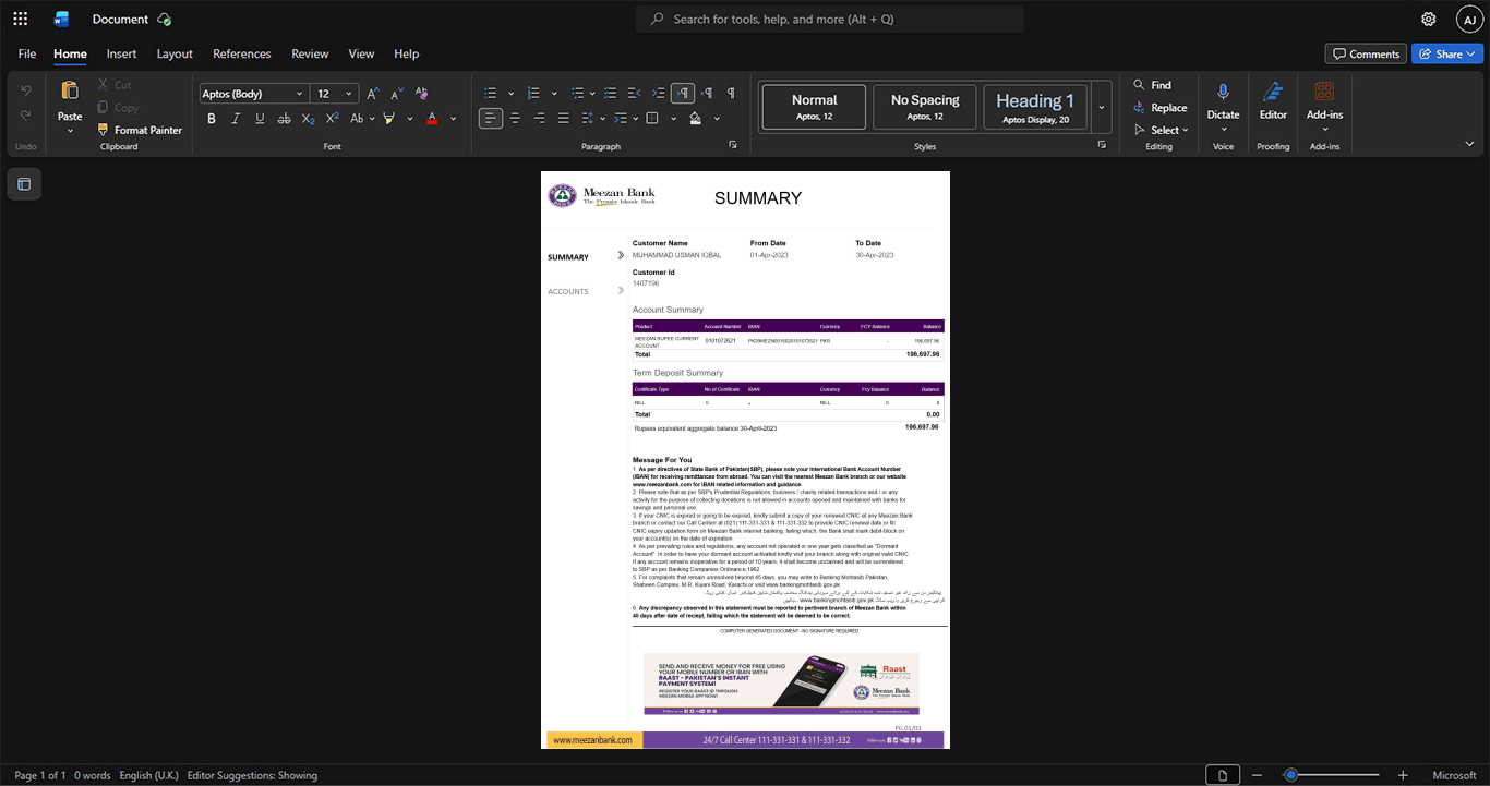 Pakistan Meezan Bank Limited Bank Statement Template, High-quality template in Word and PDF format