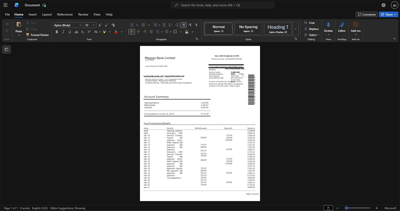 Pakistan Meezan Bank Limited Bank Statement Template, Standard printable layout in Word and PDF