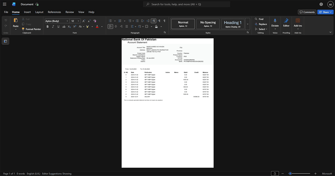 Pakistan National Bank of Pakistan Bank Statement Template, Ready to print in Word and PDF format