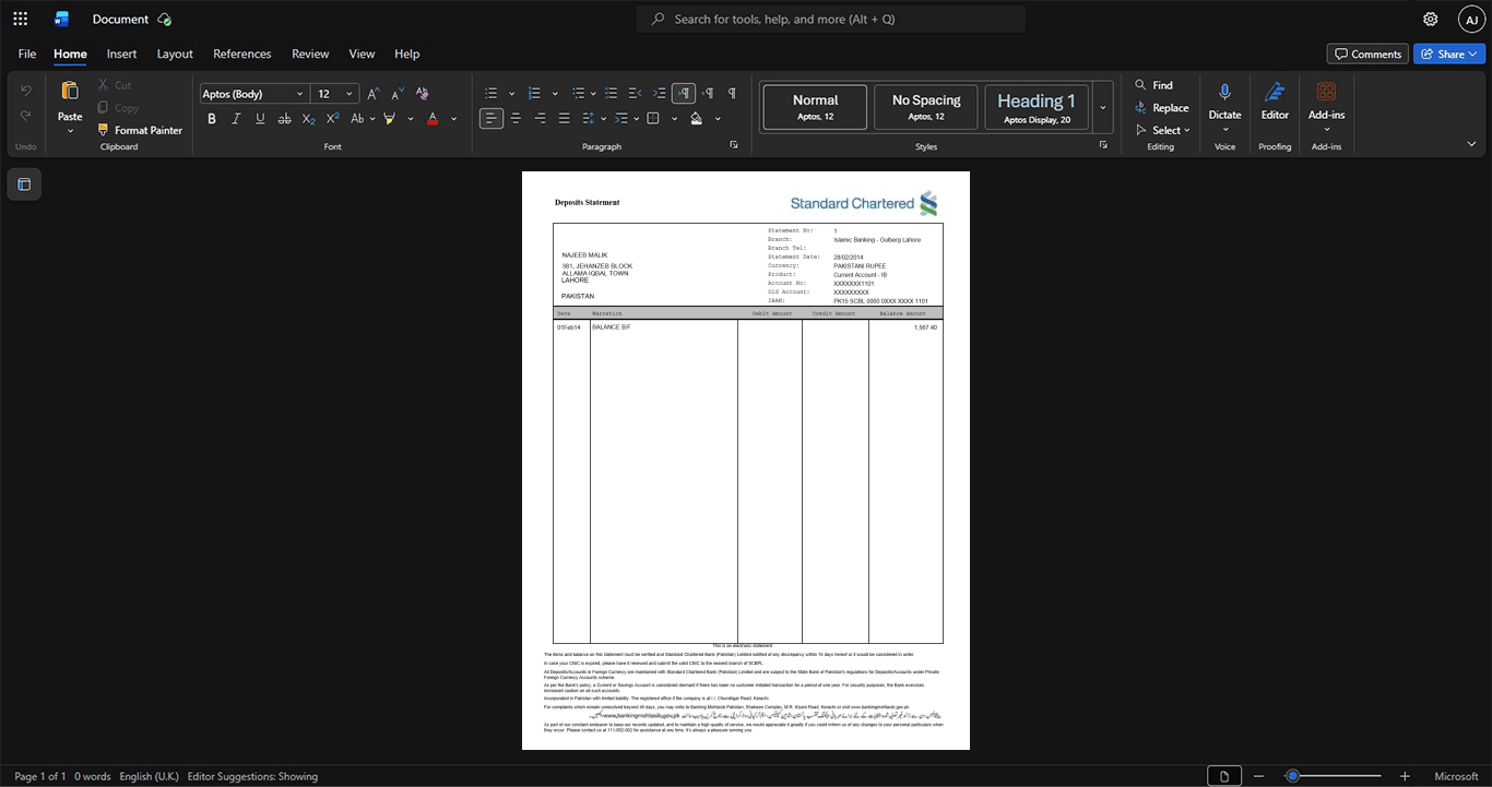 Pakistan Standard Chartered Bank Bank Statement Template, printable document in Word and PDF format