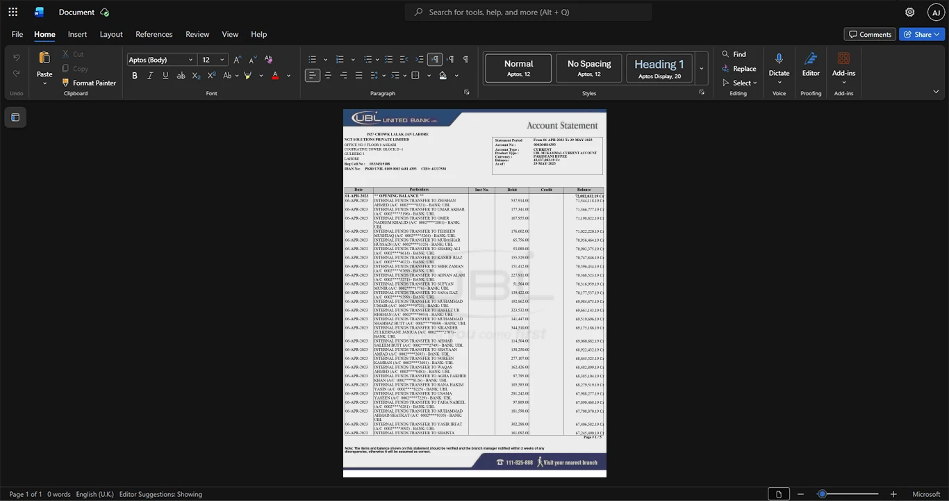 Pakistan United Bank Limited UBL Bank Statement Template, Ready to print in Word and PDF format