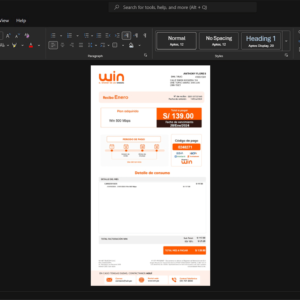 Peru Win Internet Bill Template, printable document in Word and PDF format