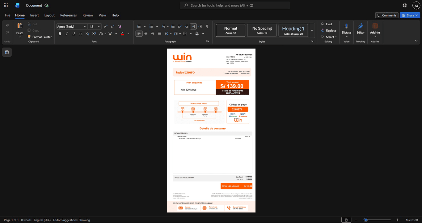 Peru Win Internet Bill Template, printable document in Word and PDF format