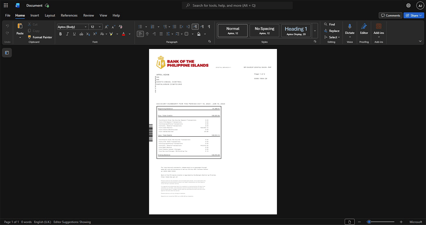 Philippines Bank of the Philippine Islands BPI Bank Statement Template, Customizable document in Word and PDF format