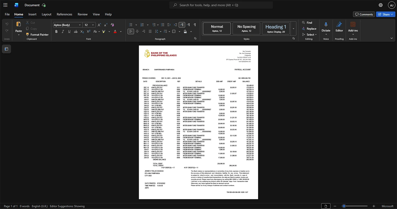 Philippines Bank of the Philippine Islands BPI Bank Statement Template, Customizable layout available in Word and PDF