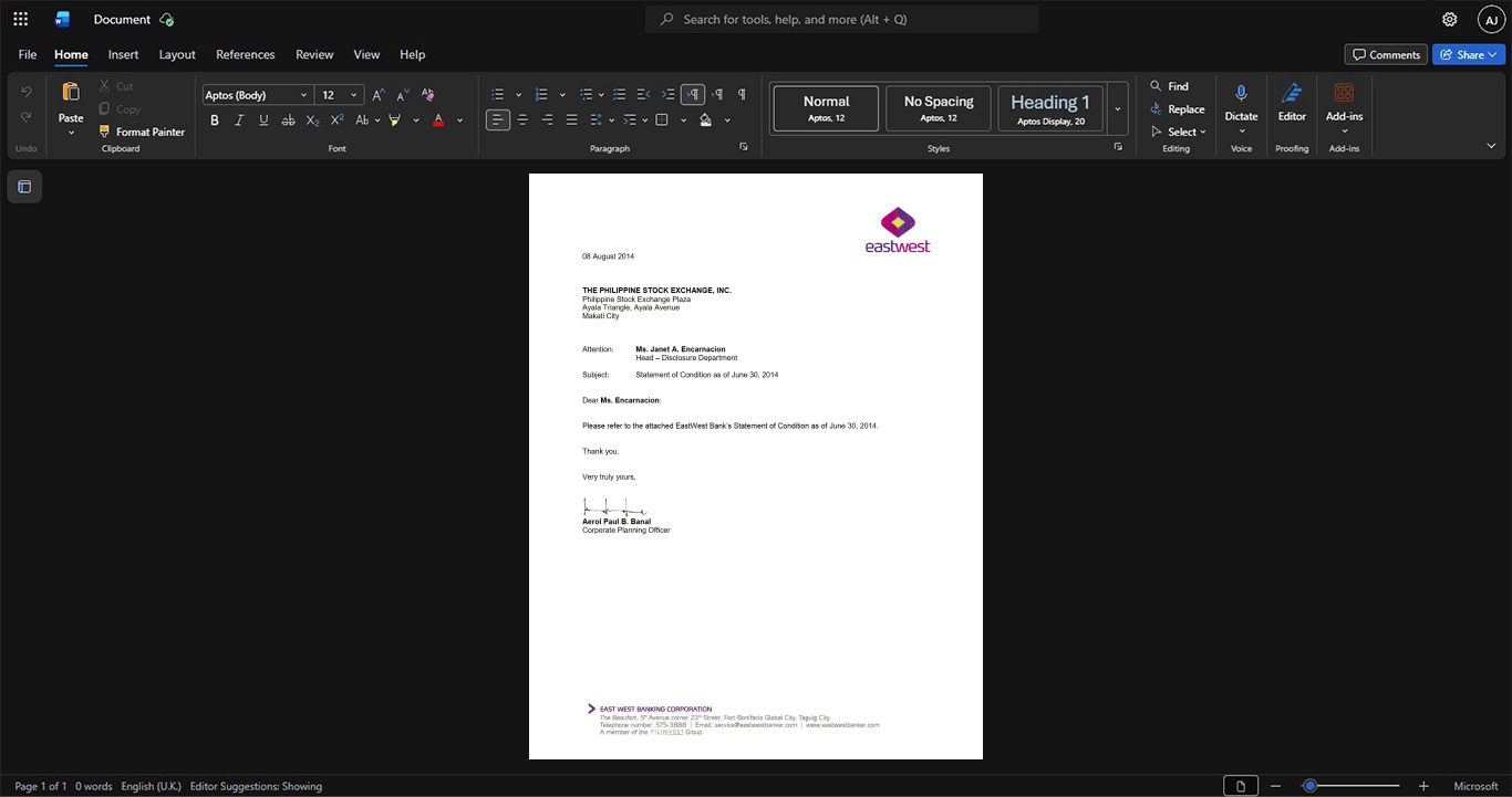 Philippines East West Banking Corporation Bank Statement Template, printable document in Word and PDF format