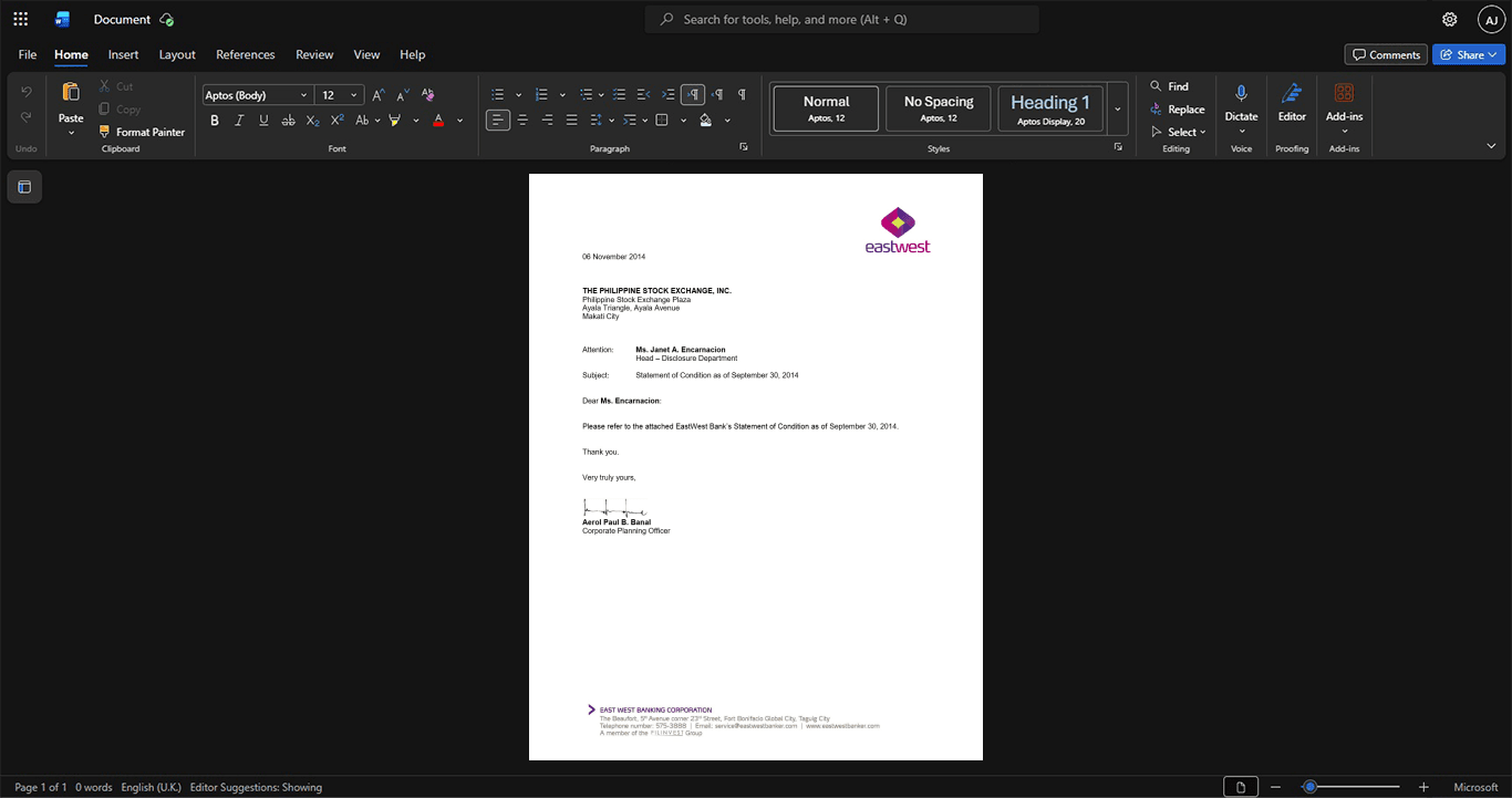 Philippines EastWest Bank Corporate Bank Statement Template, Standard layout in DOCX and PDF