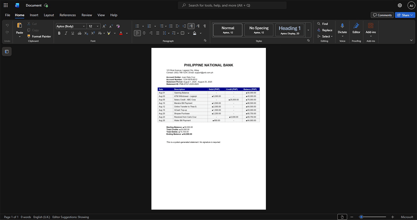 Philippines Philippine National Bank PNB Bank Statement Template, Print-ready in PDF layout