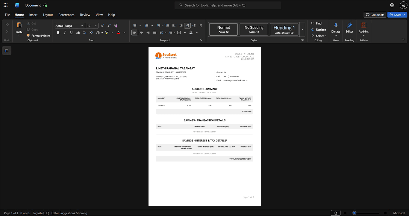 Philippines SeaBank Bank Statement Template, Customizable layout available in Word and PDF