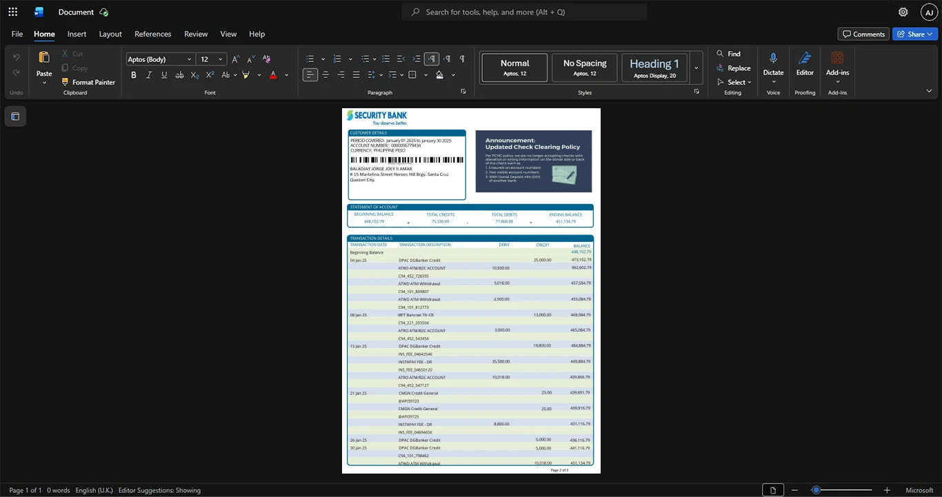 Philippines Security Bank Corporation Bank Statement Template, printable document in Word and PDF format