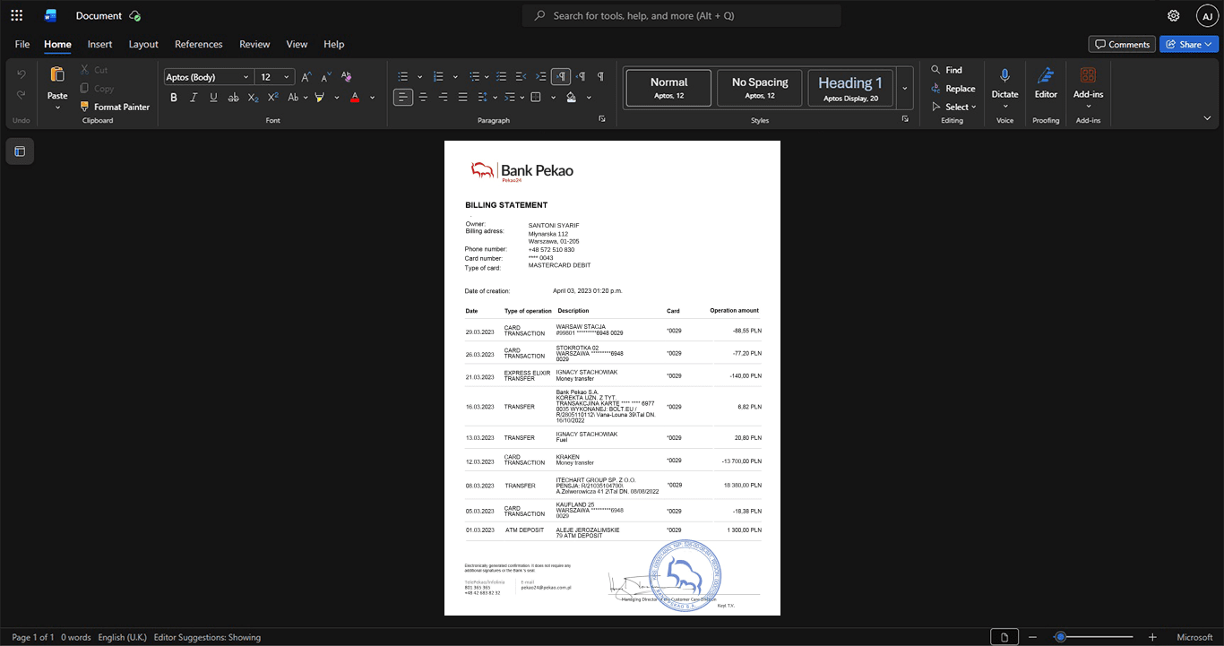 Poland Bank Polska Bank Statement Template, Standard layout in DOCX and PDF