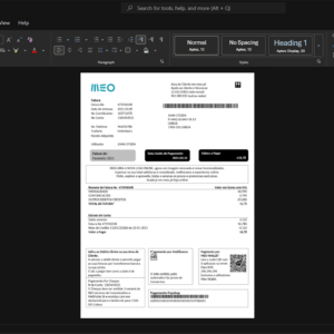 Portugal MEO Internet Bill Template, printable document in Word and PDF format