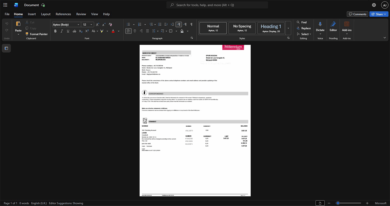 Portugal Millennium BCP Bank Statement Template, Professional document in Word and PDF format