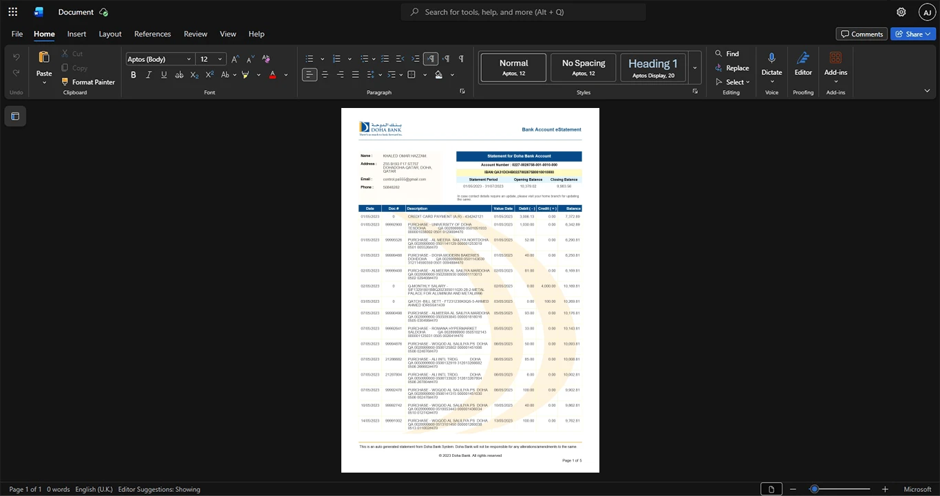 Qatar Doha Bank Bank Statement Template, Available in editable Word and PDF format