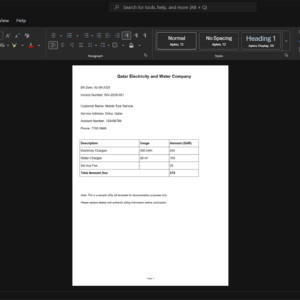 Qatar Qatar Electricity and Water Company Generic Utility Bill Template, Standard printable layout in Word and PDF