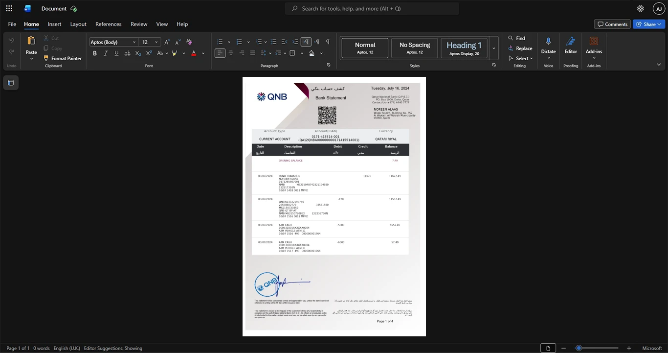 Qatar Qatar National Bank QNB Bank Statement Template, Quick edit template in Word and PDF format