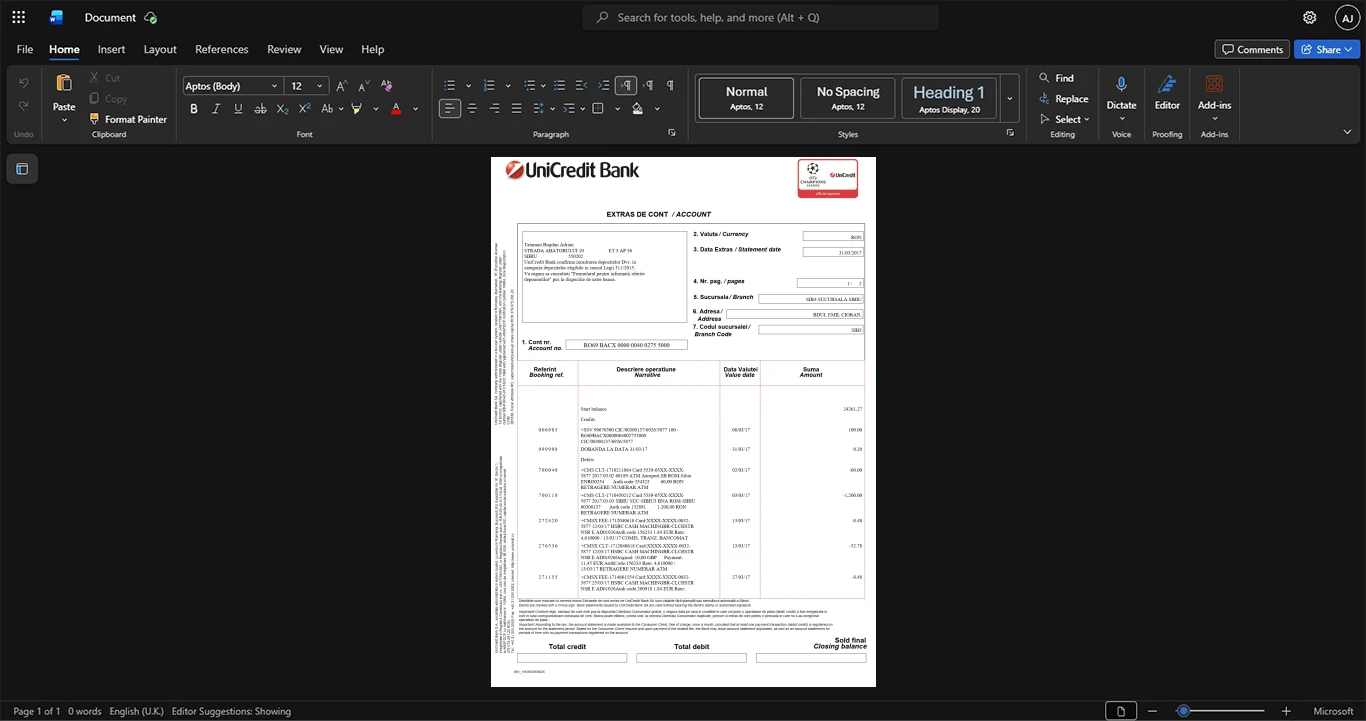 Romania UniCredit Bank SA Bank Statement Template, Standard layout in DOCX and PDF